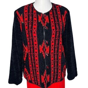 VTG Allure Red Black Gold Southwest Aztec Print Toggle Bead Button Jacket Size M